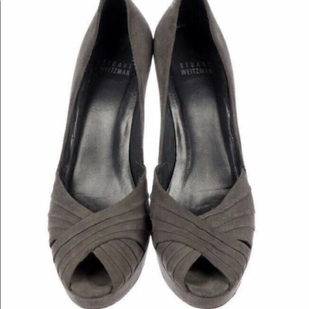 Stuart Weitzman Suede Peep Toe Pumps Grey Pleated Crossover Vamp 4.5”  sz 7